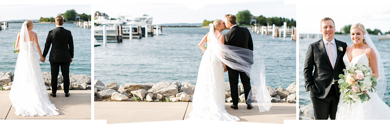 Bride and groom portraits near the harbor in Petoskey, Michigan