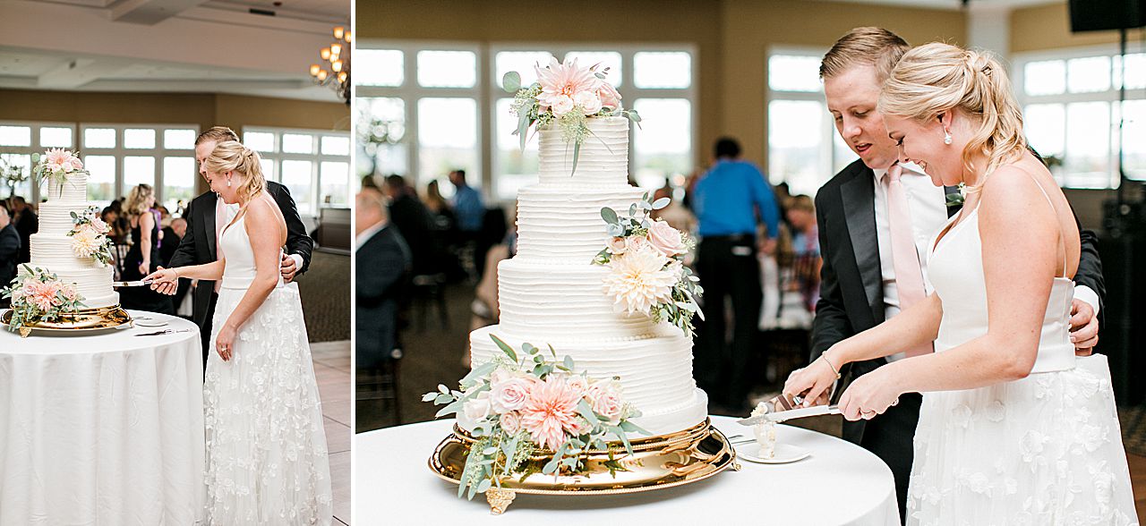 Bride and groom cutting the cake at their wedding reception