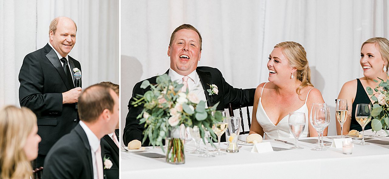 Bride and groom laughing during wedding speeches