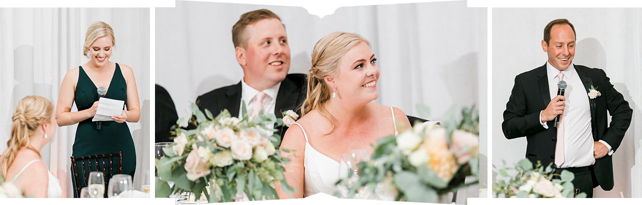 Bride and groom listening to reception speeches