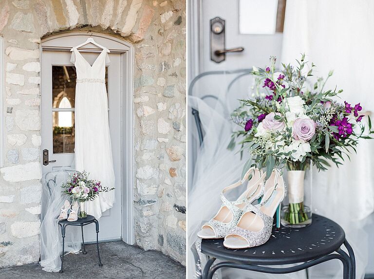 This is a brides white dress, sparkly shoes, and purple floral bouquet