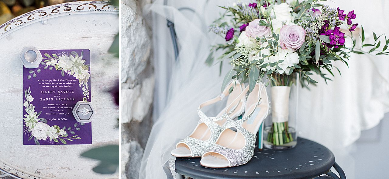 This is a photo of bridal details including a purple wedding invitation, wedding rings, sparkly shoes, and a bouquet with purple and white flowers