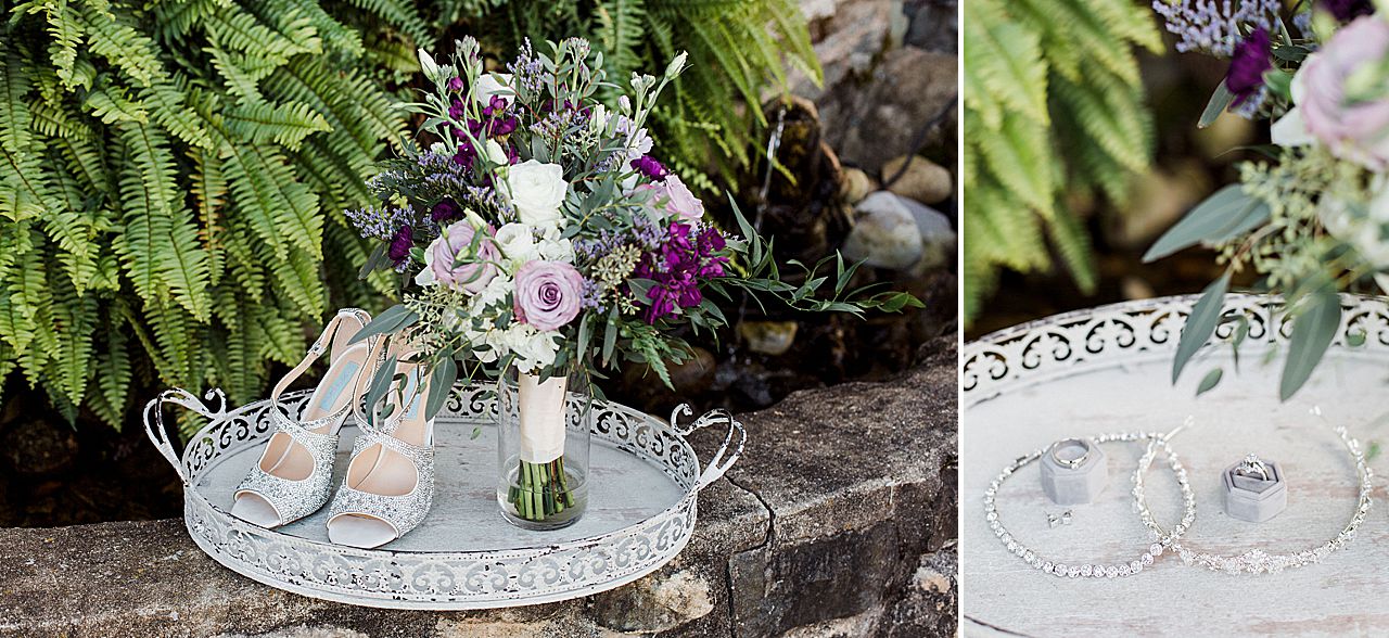 This is a photo of sparkly shoes, a bouquet with purple and white flowers, and jewelry at Castle Farms