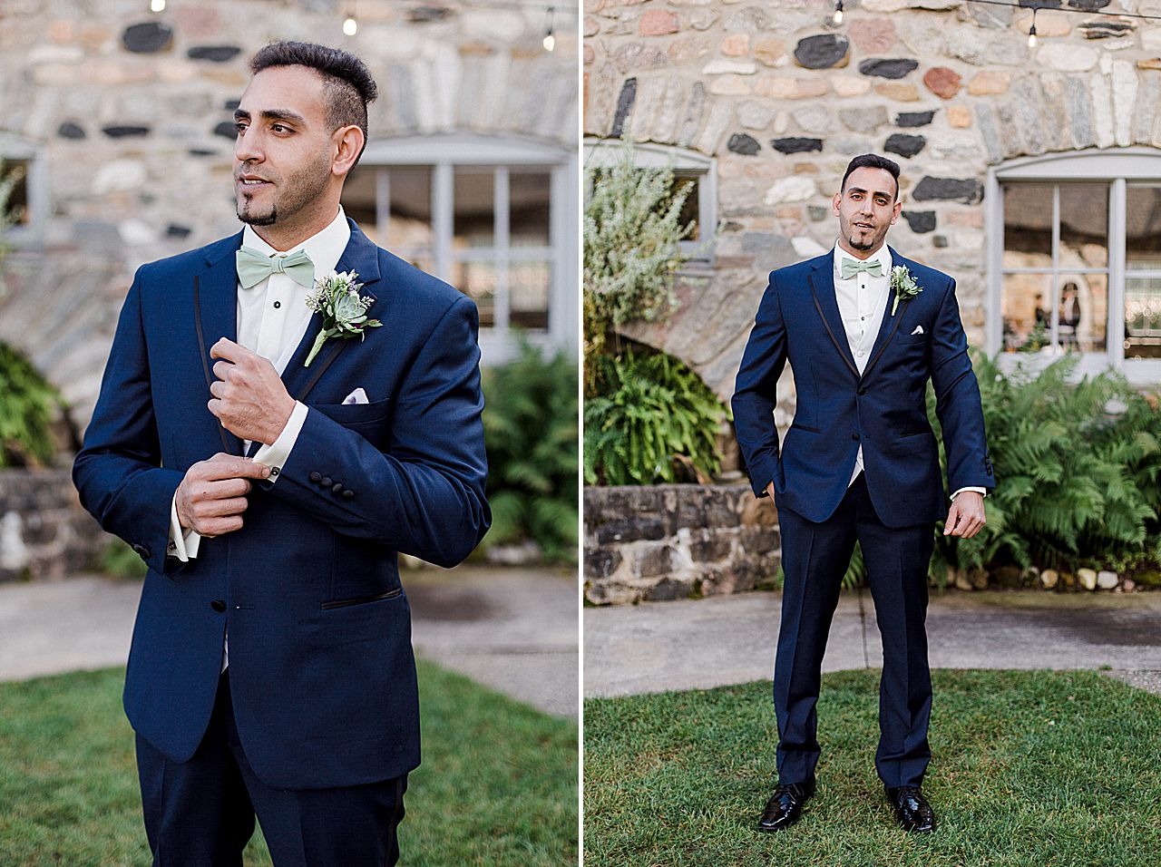 This is a photo of a groom in a blue suit and green bowtie at Castle Farms
