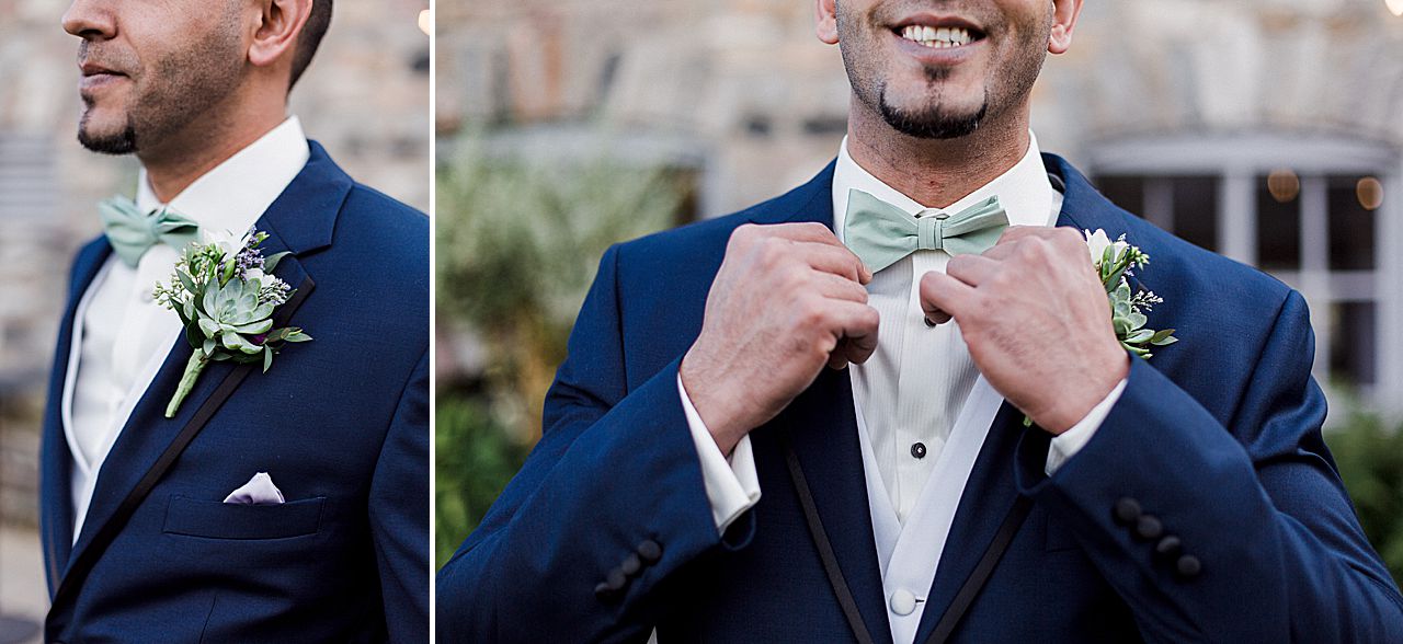 This is a photo of a grooms boutonniere and green bowtie in Charlevoix, Michigan