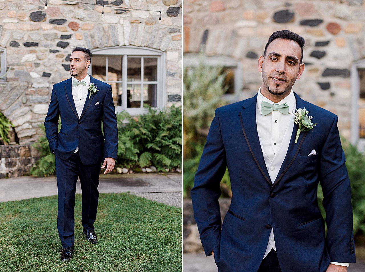 This is a photo of a groom walking in a blue suit and green bowtie at Castle Farms