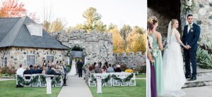 This is a photo of a bride and groom at their ceremony in the Knight's Courtyard at Castle Farms in Charlevoix, Michigan