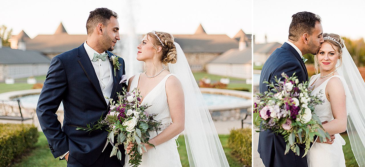 Bride and groom portraits in the Kings Grand Courtyard at Castle Farms with a fountain in the background