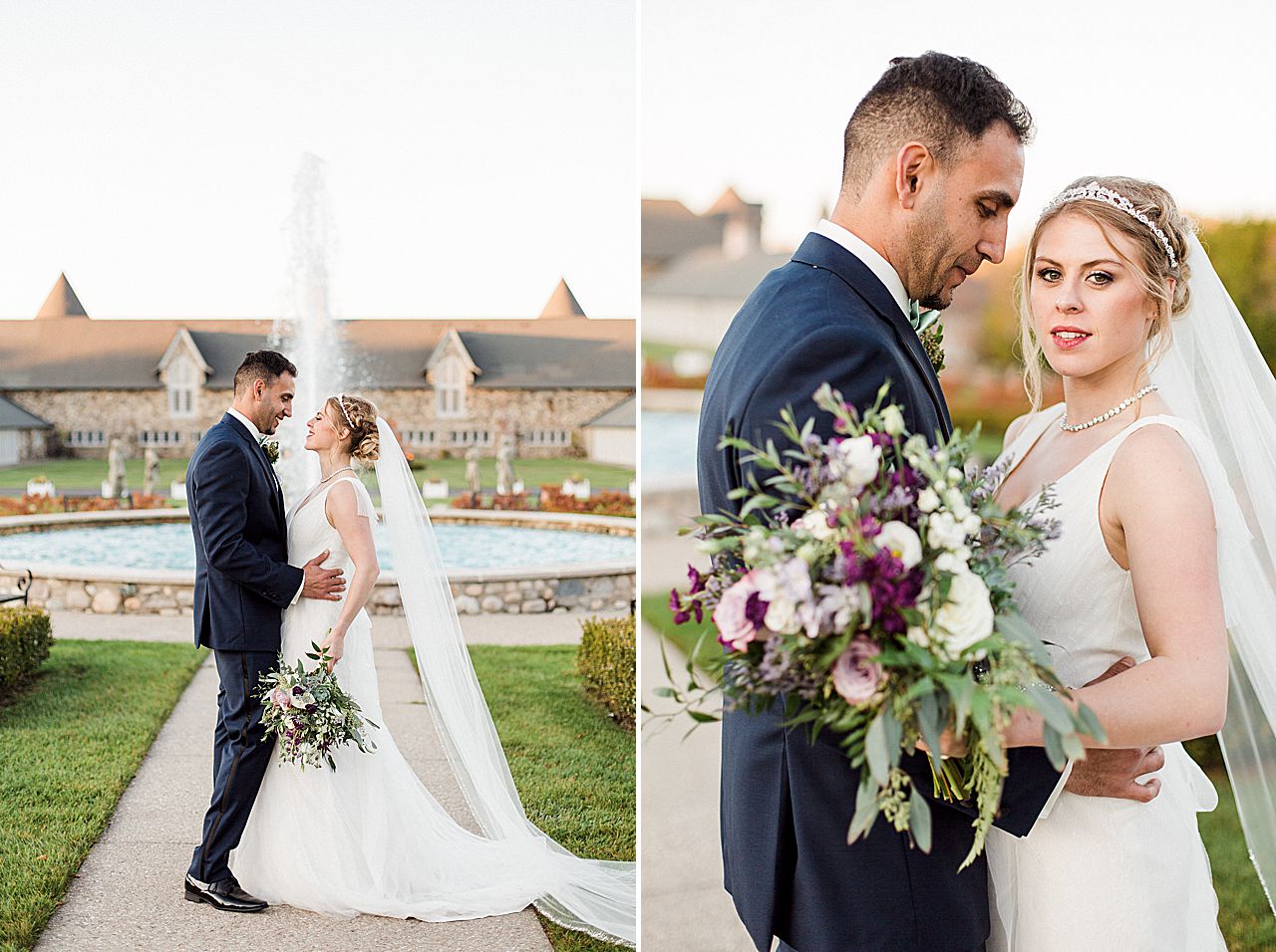 Bride and groom portraits in the Kings Grand Courtyard at Castle Farms in Charlevoix, Michigan with a fountain in the background