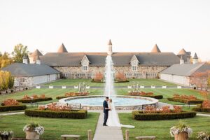 Bride and groom portraits in the Kings Grand Courtyard at Castle Farms