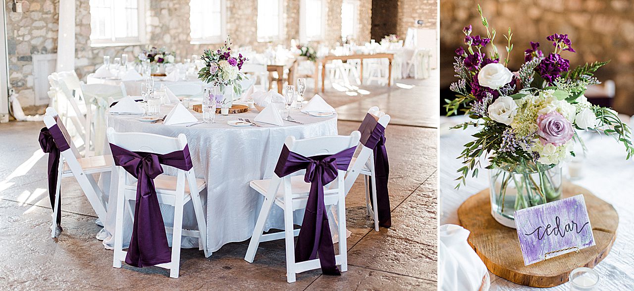 Reception table at Castle Farms with purple flowers and chair ribbons
