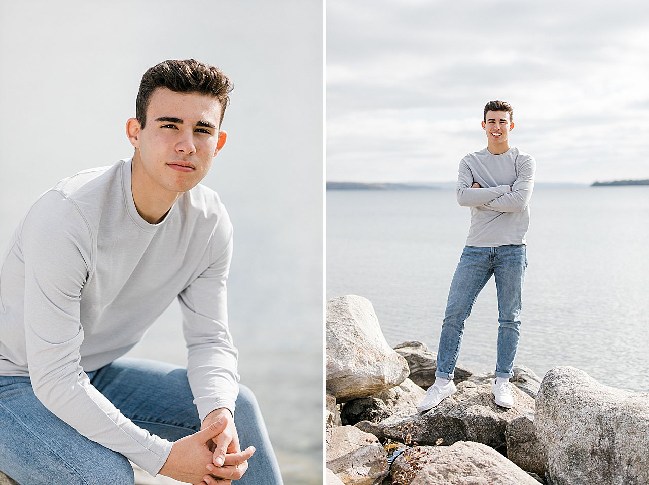 Senior poses on the rocks near Round Lake in Michigan