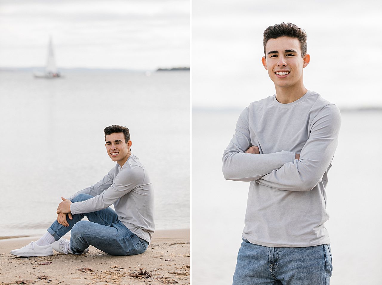 Senior sitting on the beach in Charlevoix, Michigan