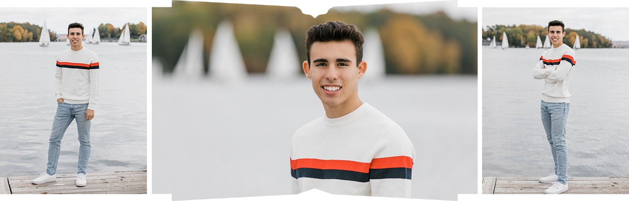Senior portraits in front of a sailboat race in Charlevoix, Michigan