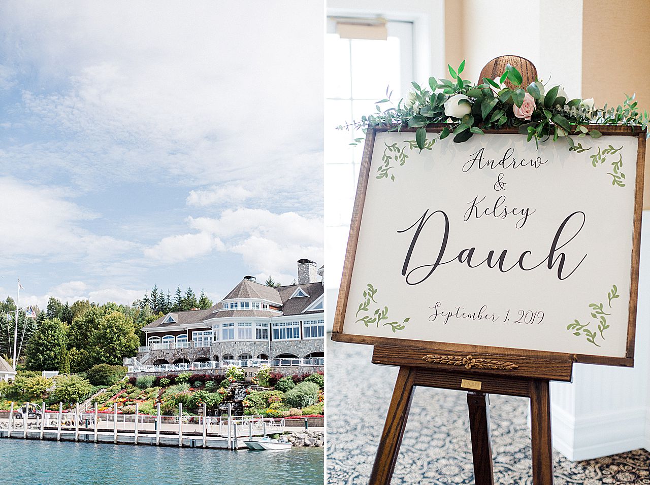 A welcome sign to the ceremony of a bride & groom in Michigan