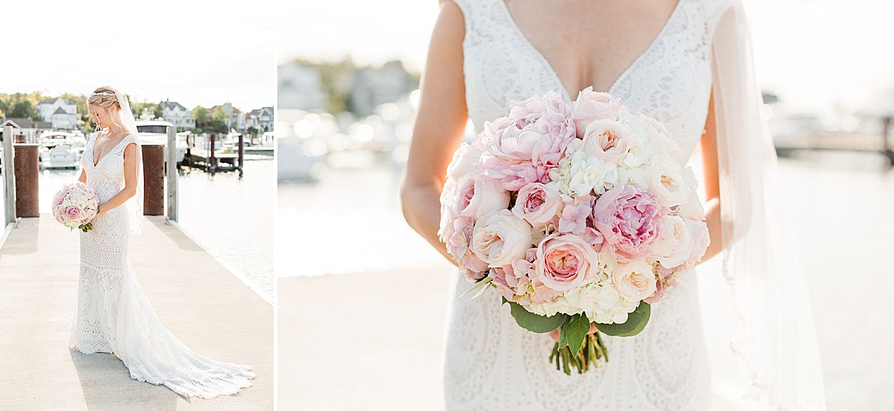 Bridal bouquet in the sunshine in Northern Michigan on a dock