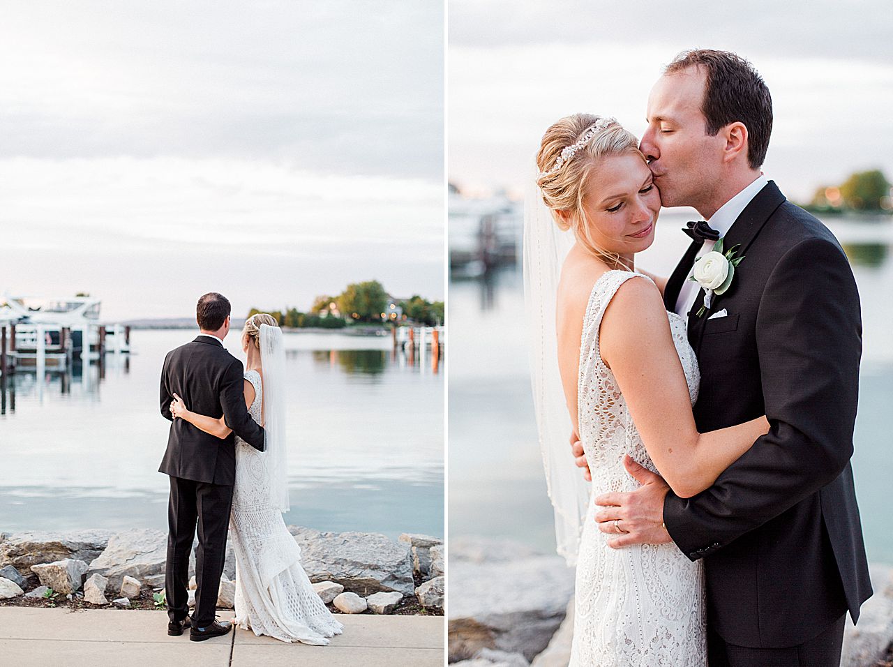 A bride & groom taking sunset portraits in Bay Harbor