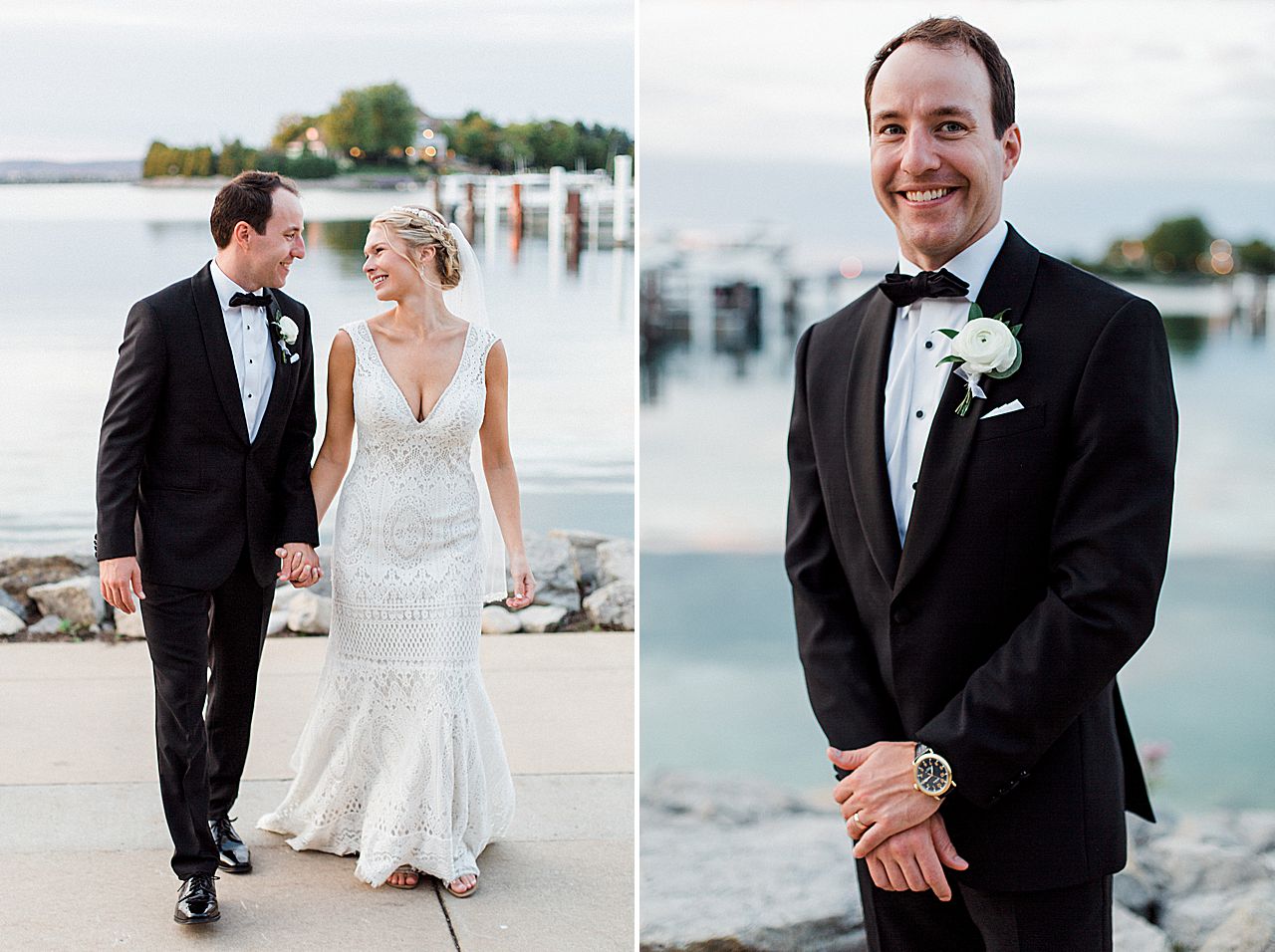 A bride and groom walking along the lake in Michigan 