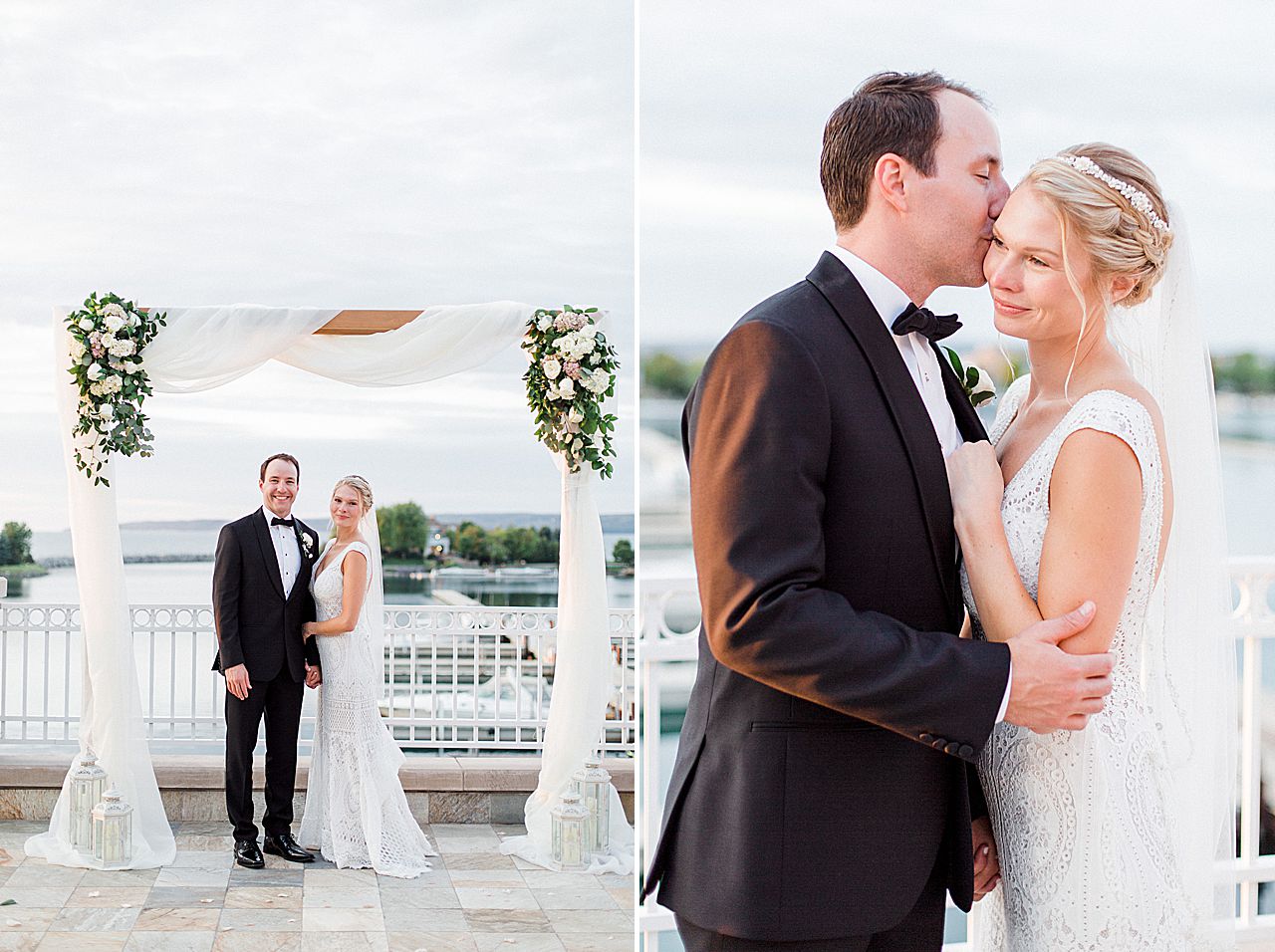 Newlywed bride & groom taking sunset portraits