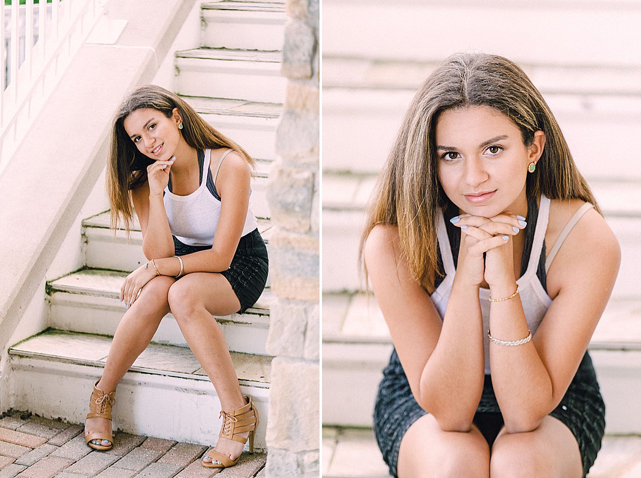 Young woman sitting on outdoor steps in Northern Michigan