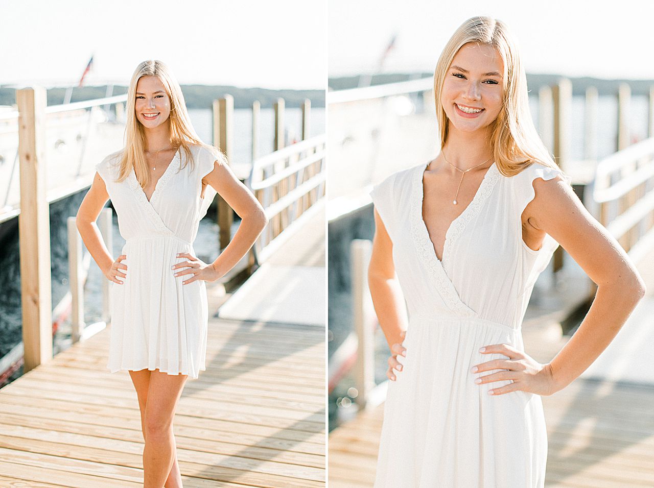 This is a photo of a high school senior girl at a marina in Northern Michigan