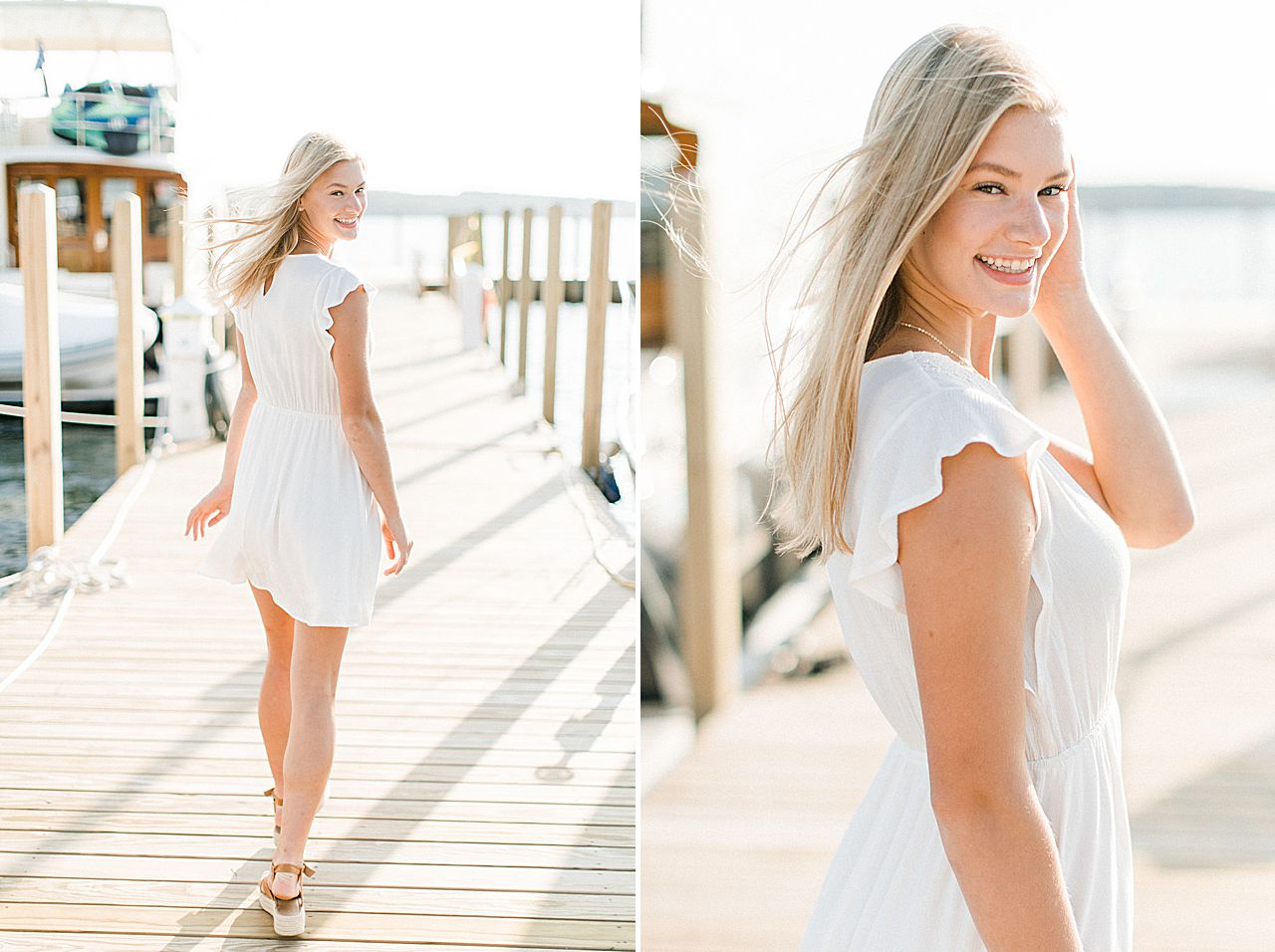 This is a photo of a senior portrait session of a girl walking on a dock at a marina in Boyne City, MI