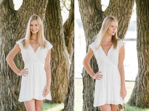 This is a portrait of a high school senior taking portraits near a willow tree and lake