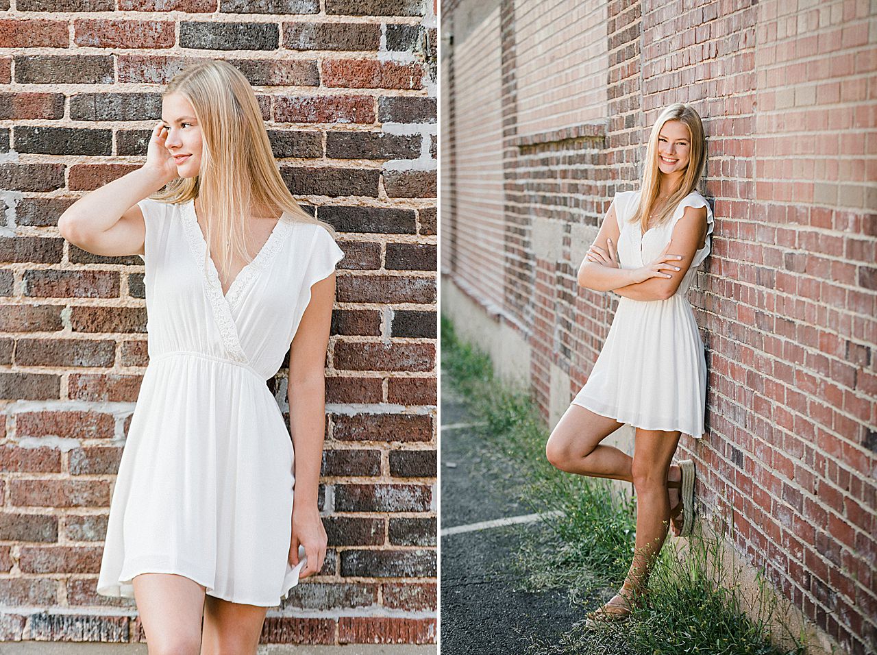This is a portrait of a high school senior girl in downtown Boyne City, Michigan near a brick wall