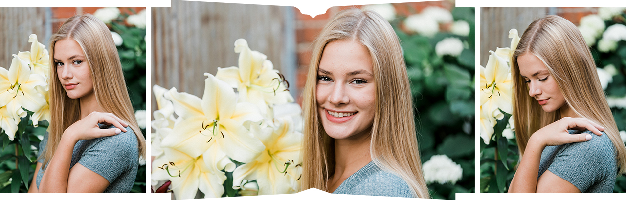 This is a portrait of a high school senior girl in Boyne City, Michigan with yellow lilies in the background.