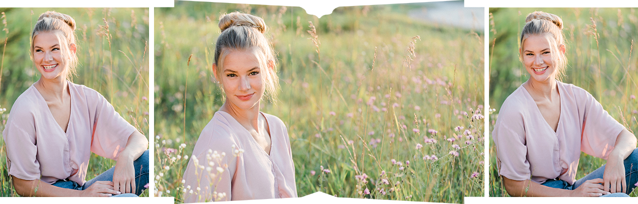 This is a portrait session for a high school senior at golden hour near a lake in Northern Michigan