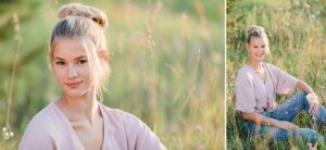 This is a portrait session for a high school senior at golden hour near a lake in Northern Michigan surrounded by wild flowers