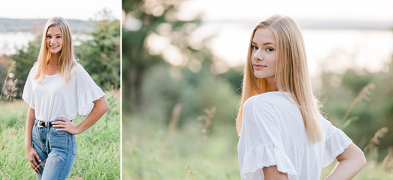 This is a senior portrait of a girl near a lake in Northern Michigan