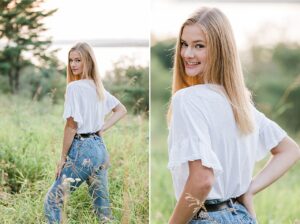 This is a senior portrait of a girl near a lake in Boyne City, Michigan