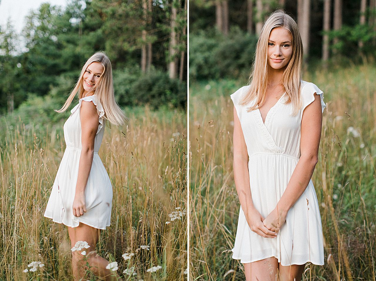 This is a senior portrait session of a girl at sunset twirling in a field with a white dress on
