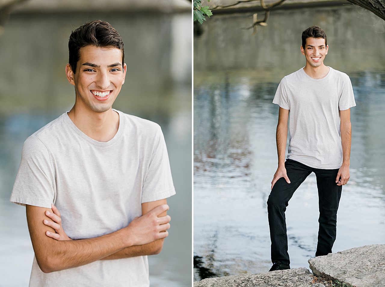 Young man standing near a river in Traverse City, Michigan
