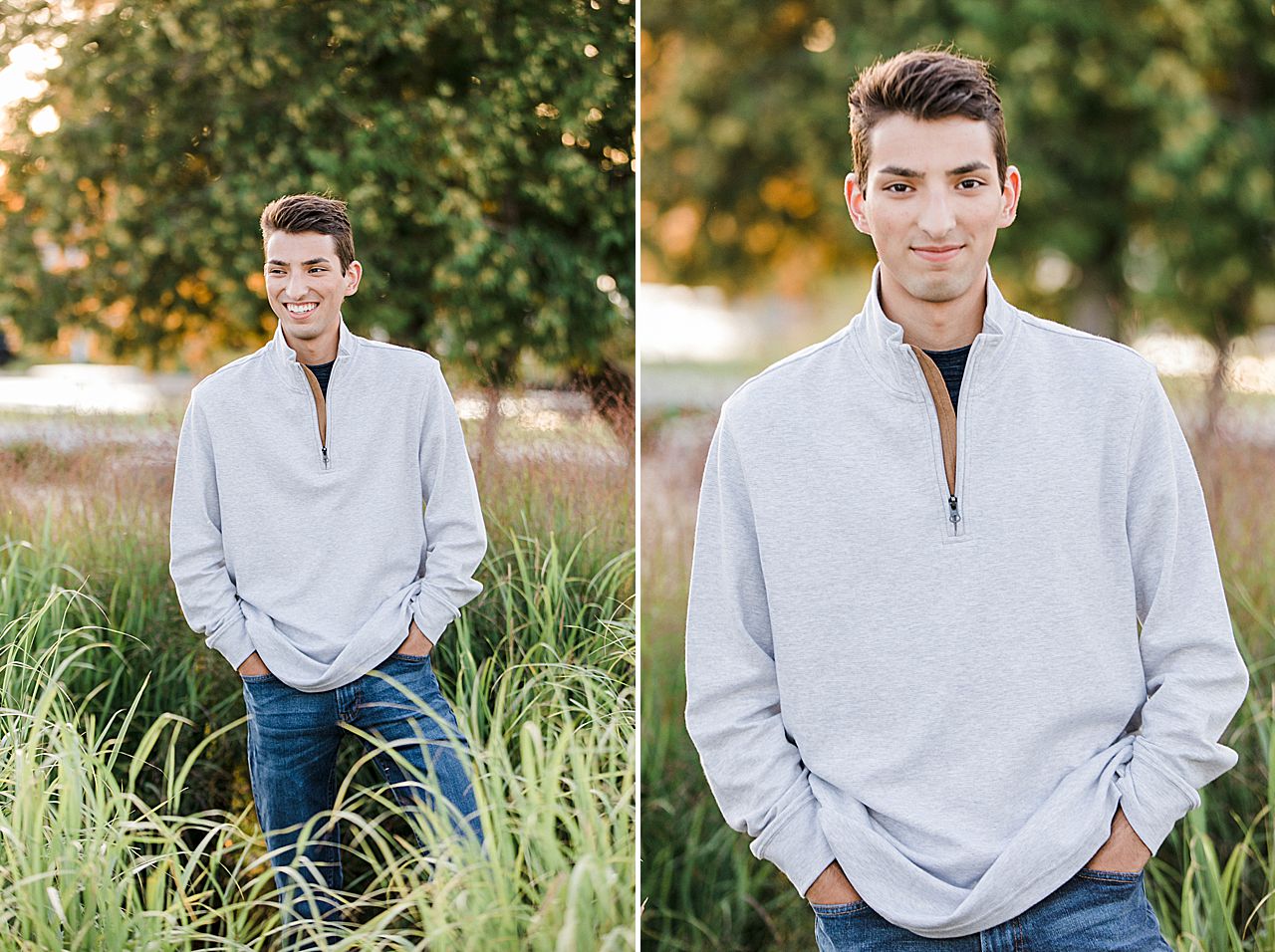 Sunset senior photos in tall grasses in Michigan