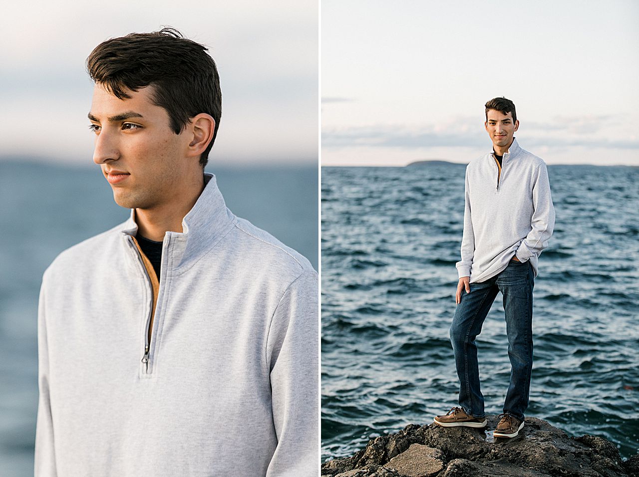 Senior portraits on a rock by Grand Traverse Bay
