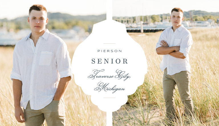 This is a photo of a male senior portrait on a sunny day in Traverse City, Michigan