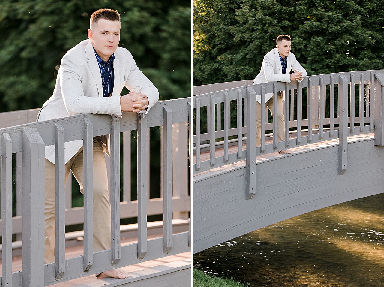 This is a photo of a male senior portrait on a bridge in Michigan