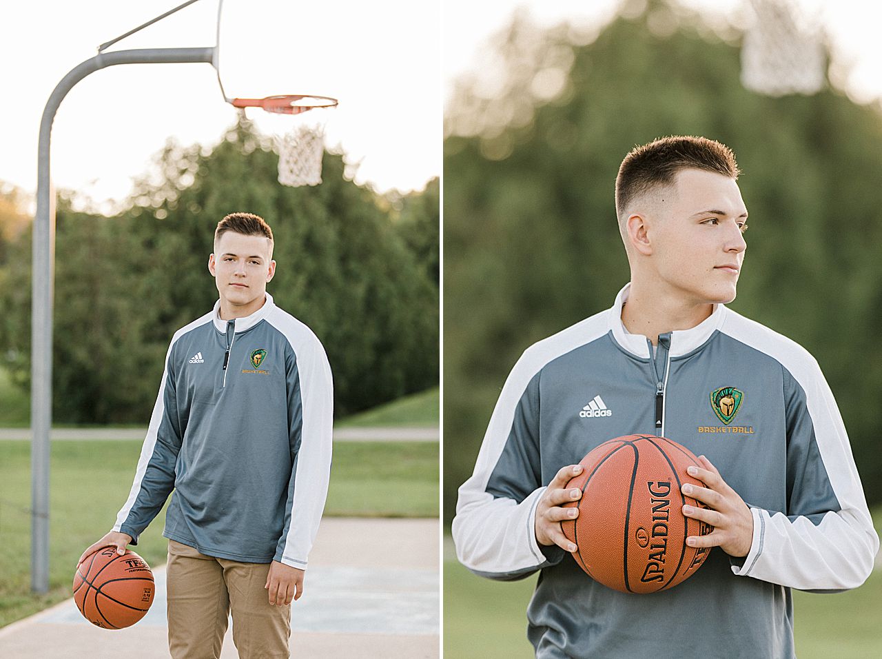 This is a senior portrait of a male holding a basketball on a court in Northern Michigan