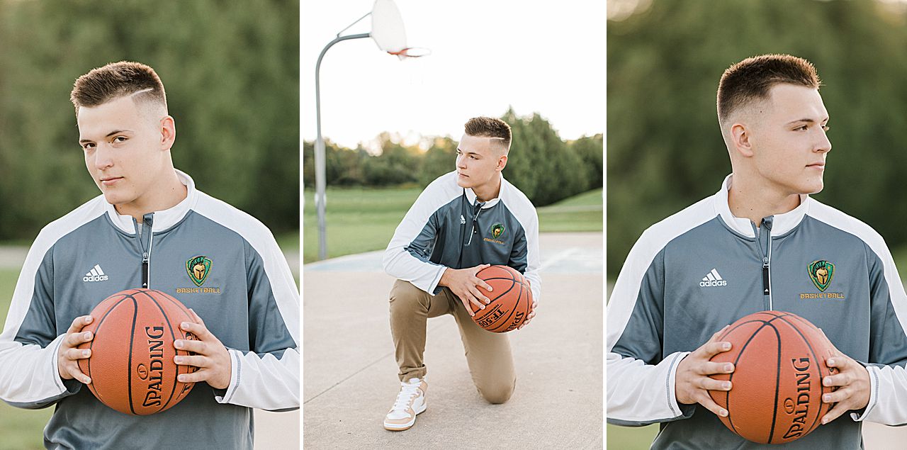 This is a senior portrait of a male holding a basketball on a court in Traverse City, Michigan