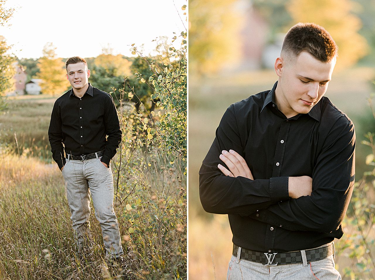 This is a male senior portrait wearing a black button up shirt and tan pants in Traverse City, Michigan