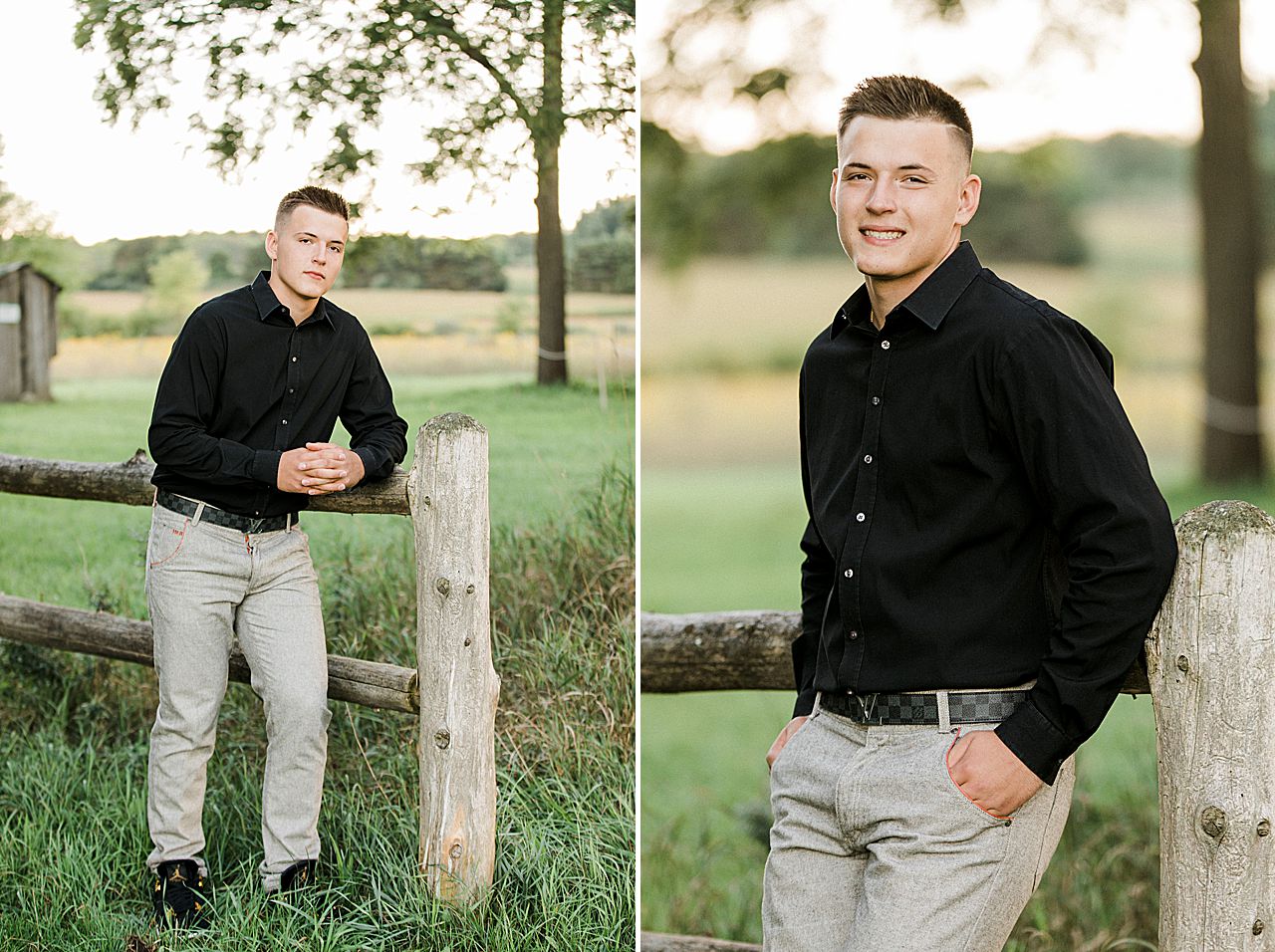 This is a male senior portrait leaning against a wooden fence in Traverse City, Michigan