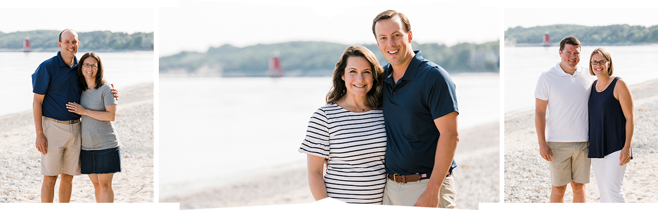 Three couples posing for a portrait near Lake Michigan