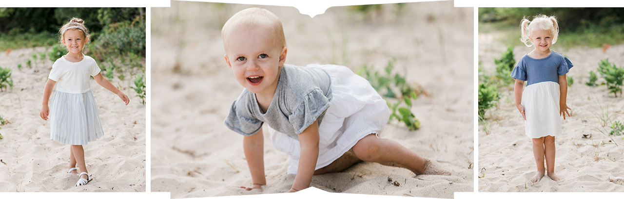 Three young girls playing in the sand in Charlevoix, Michigan