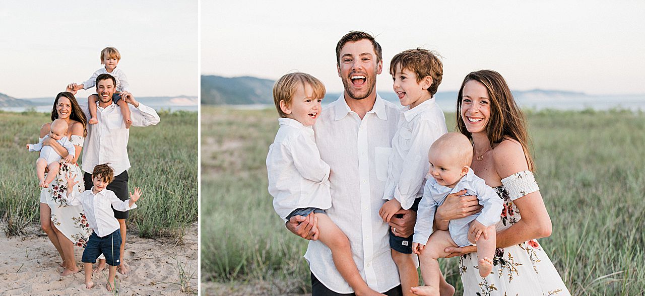 Family laughing and smiling on the beach in Northern Michigan