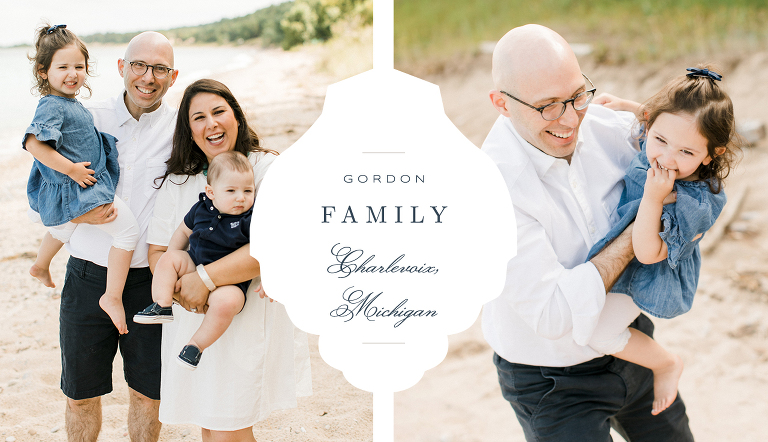 Posed family on a beach and a father carrying his young daughter