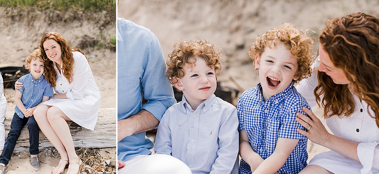 Two curly headed brothers with their mother in Northern Michigan