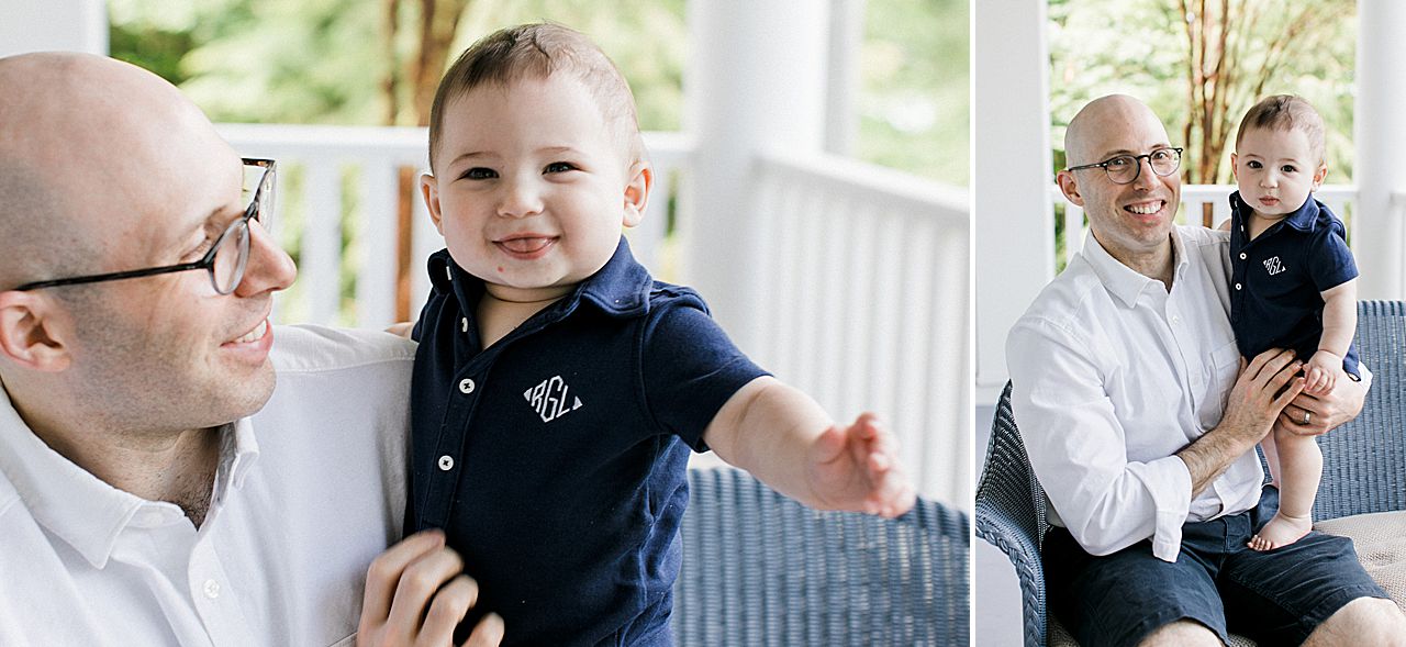 Father with his young son on a porch in Charlevoix, Michigan
