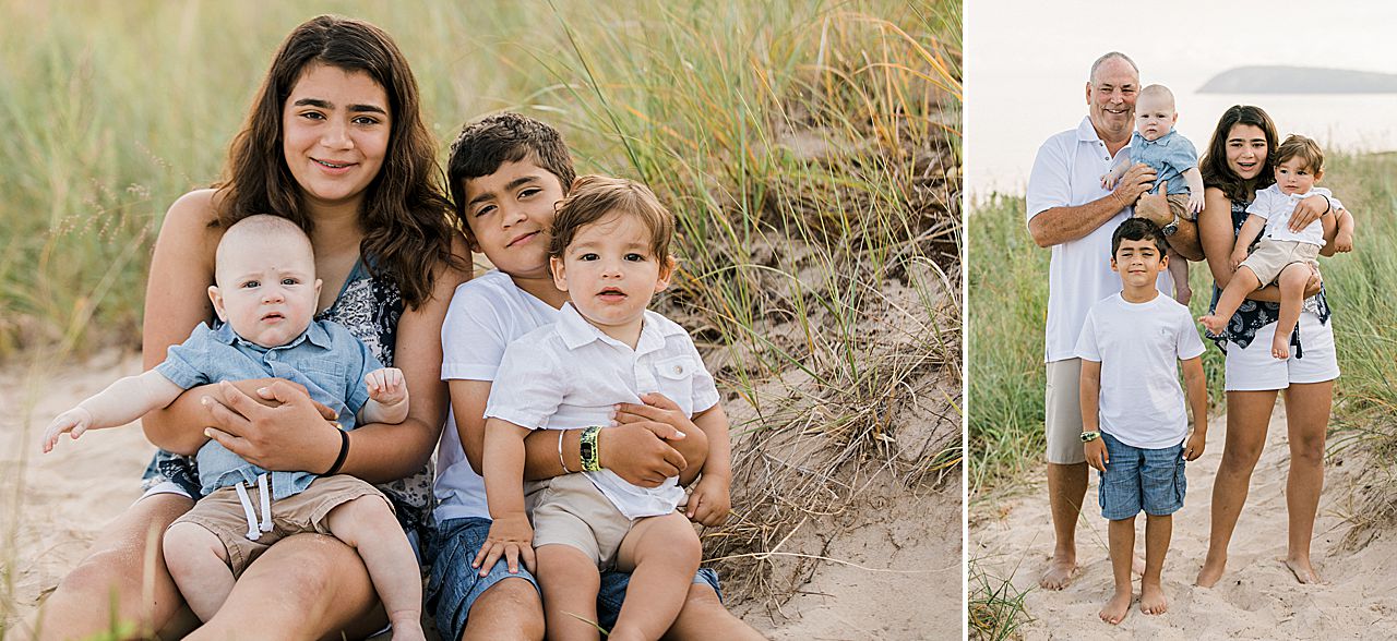 Cousins and their grandpa on a beach in Northern Michigan
